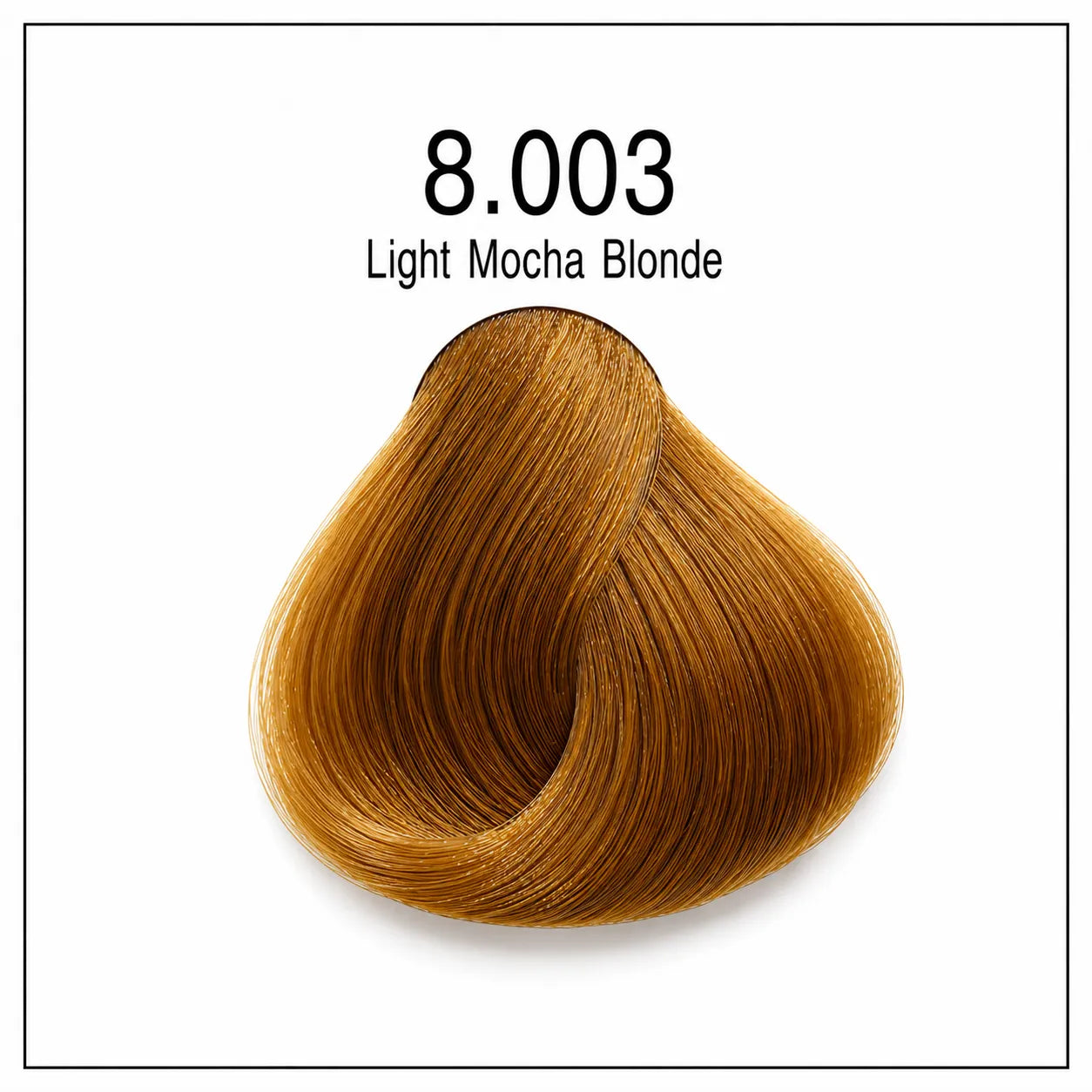 Hair color shade 8.003 Light Mocha Blonde swatch, warm light brown curls