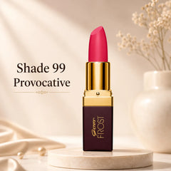 Red lipstick tube with gold cap and maroon base, Shade 99