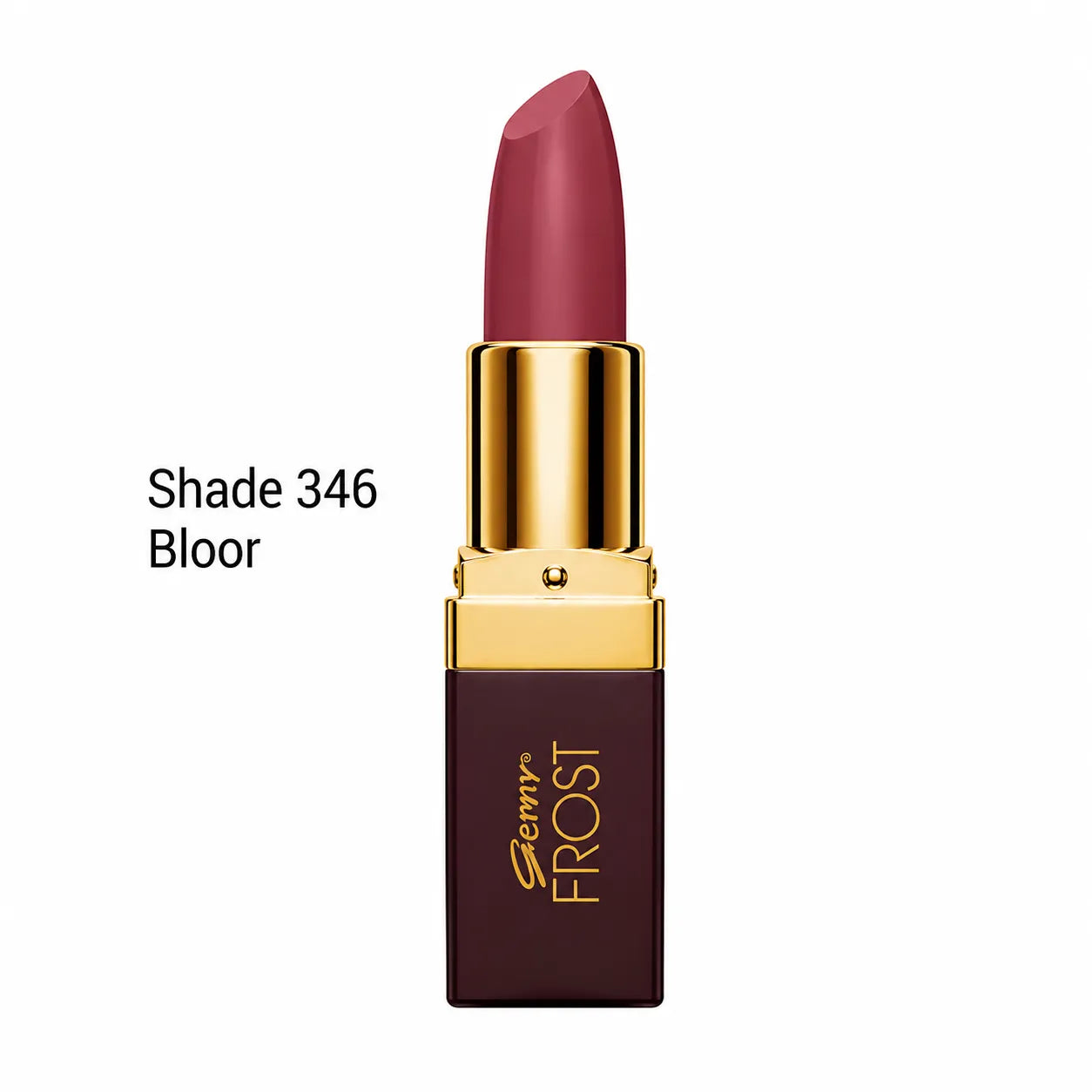 Rose mauve lipstick with gold cap, maroon case labeled Genny Frost