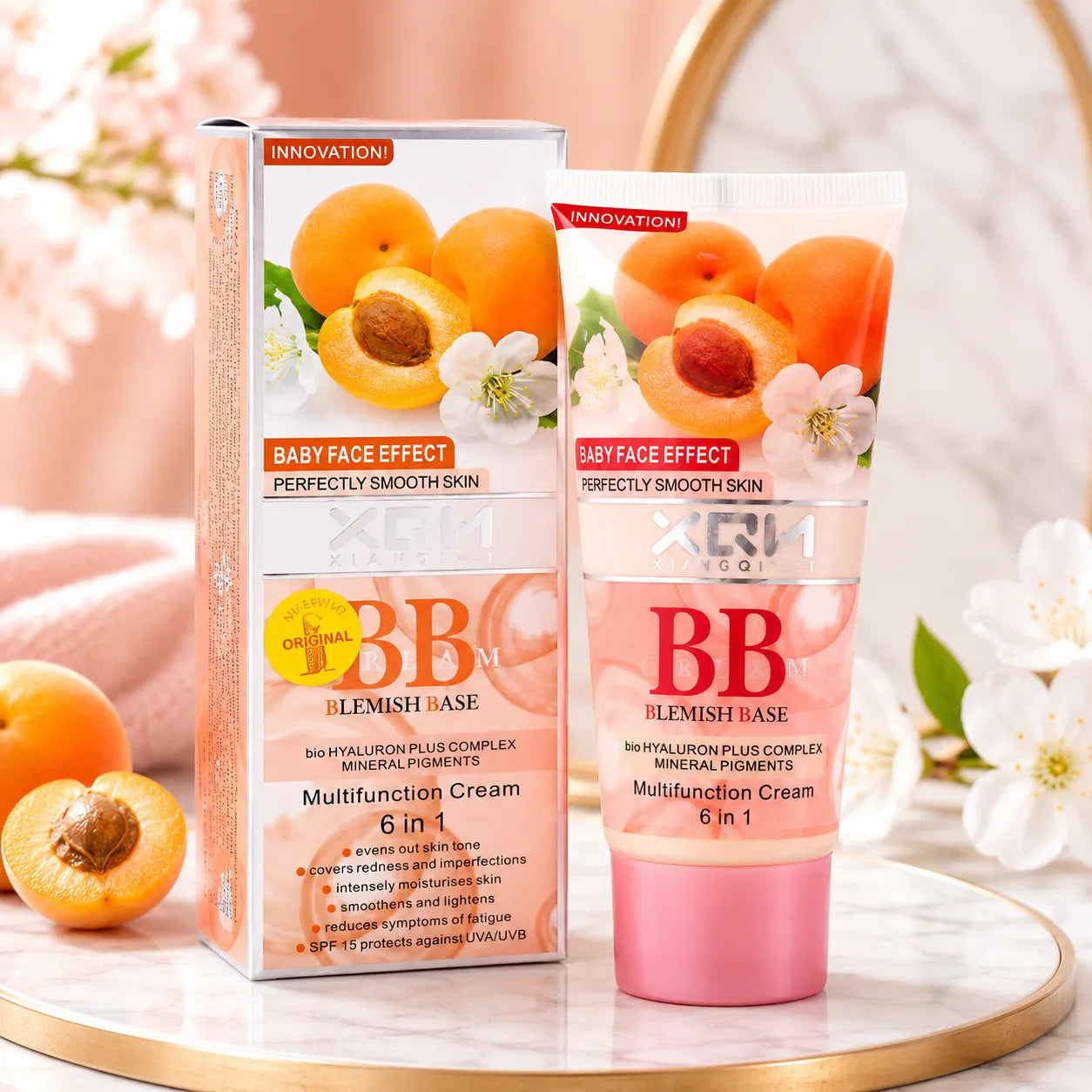 Apricot BB blemish base 6-in-1 multi-function cream, tube and box