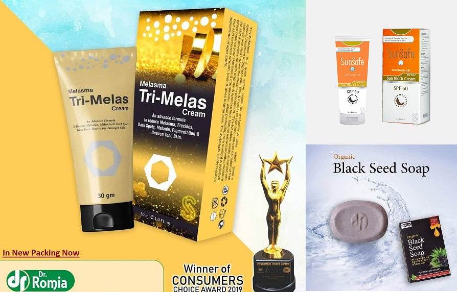 Dr. Romia skincare set with Tri-Melas cream, sunblock boxes, and black seed soap