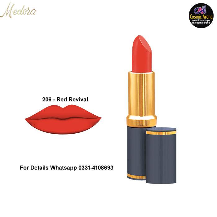 Medora lipstick with red bullet and gold cap, shown with red lip swatch