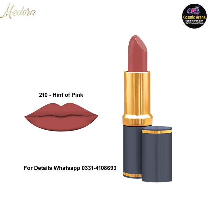 Medora lipstick with rose-pink bullet and matching lip swatch; gold cap, dark case