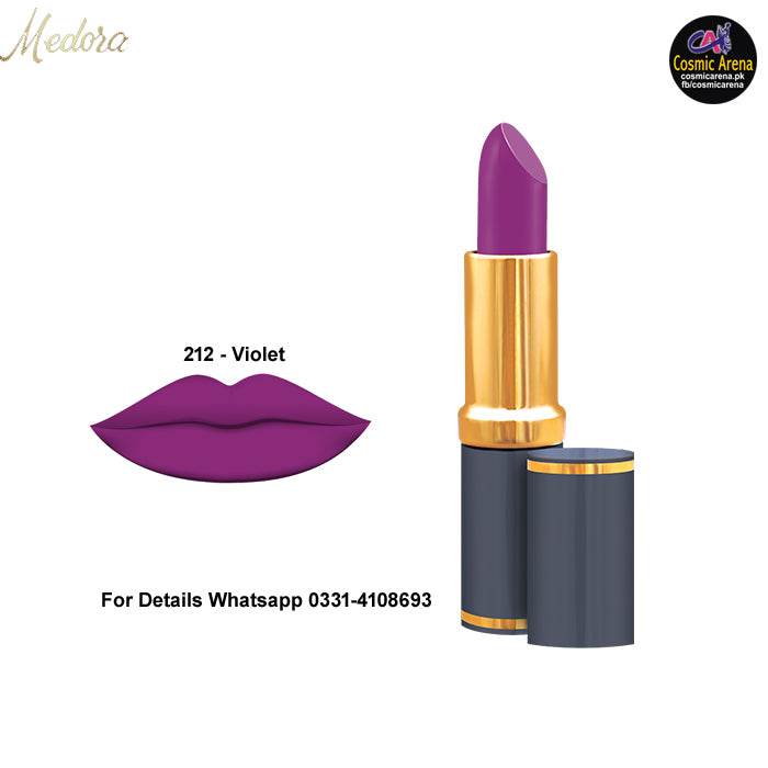 Violet lipstick with lip swatch, gold cap and dark navy tube