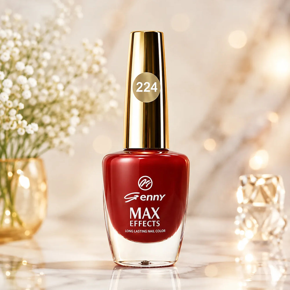 Genny MAX Effects nail polish bottle, red color, gold cap, long-lasting formula label
