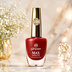 Genny MAX Effects nail polish bottle, red color, gold cap, long-lasting formula label
