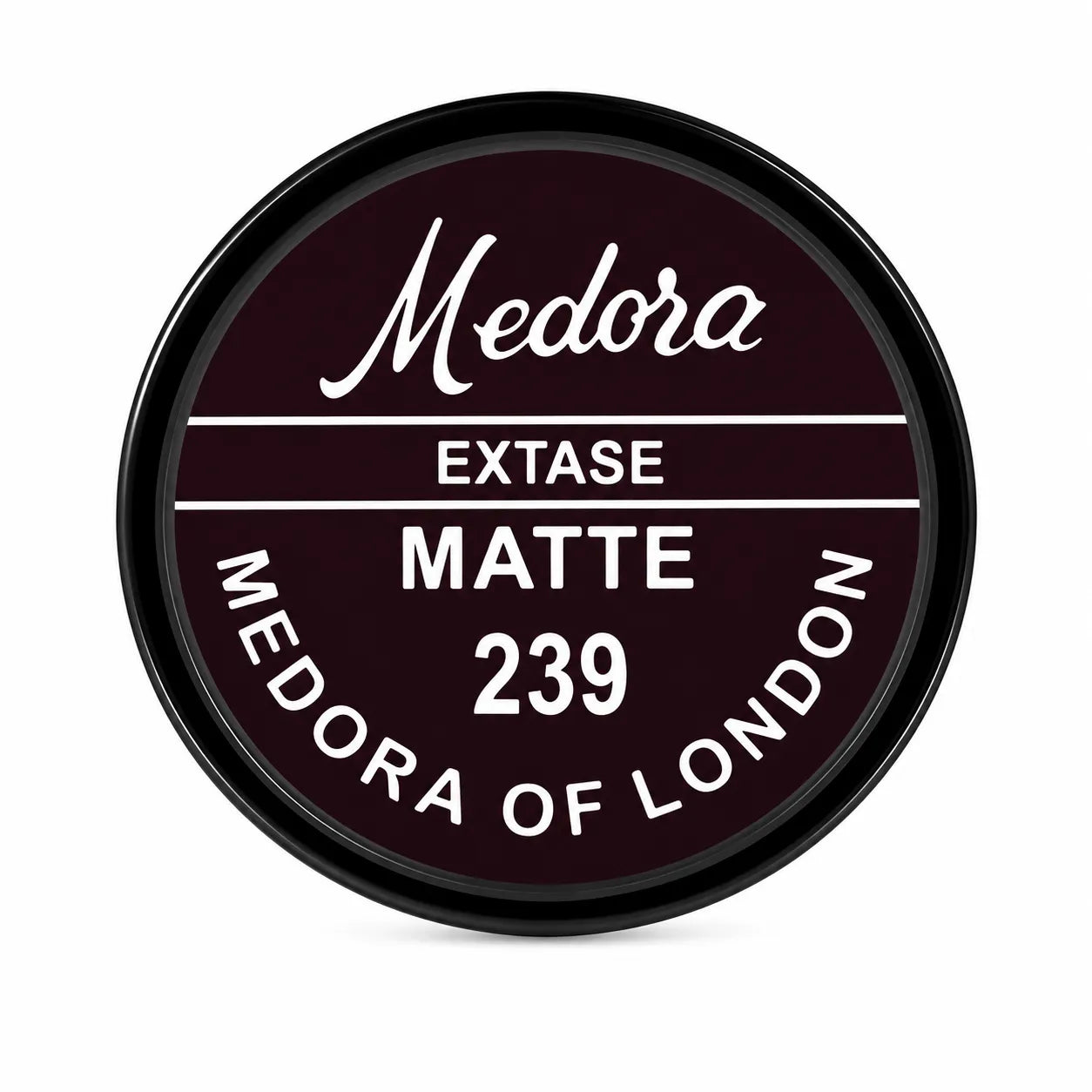 Medora Extase matte 239 tin, maroon round label with white and gold text
