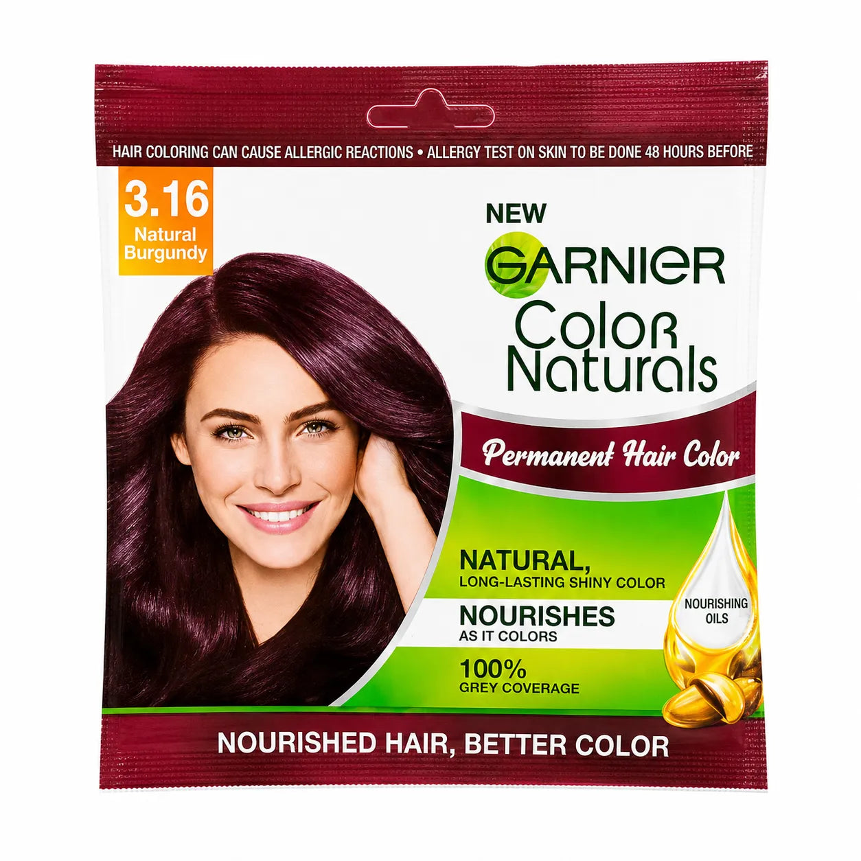 Garnier Color Naturals permanent hair color sachet, shade 3.16 Natural Burgundy.
