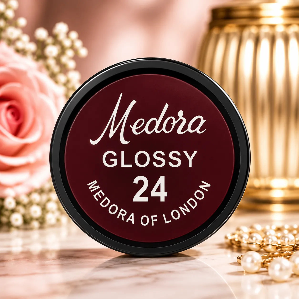 Medora Glossy 24 round label on black lid with gold border