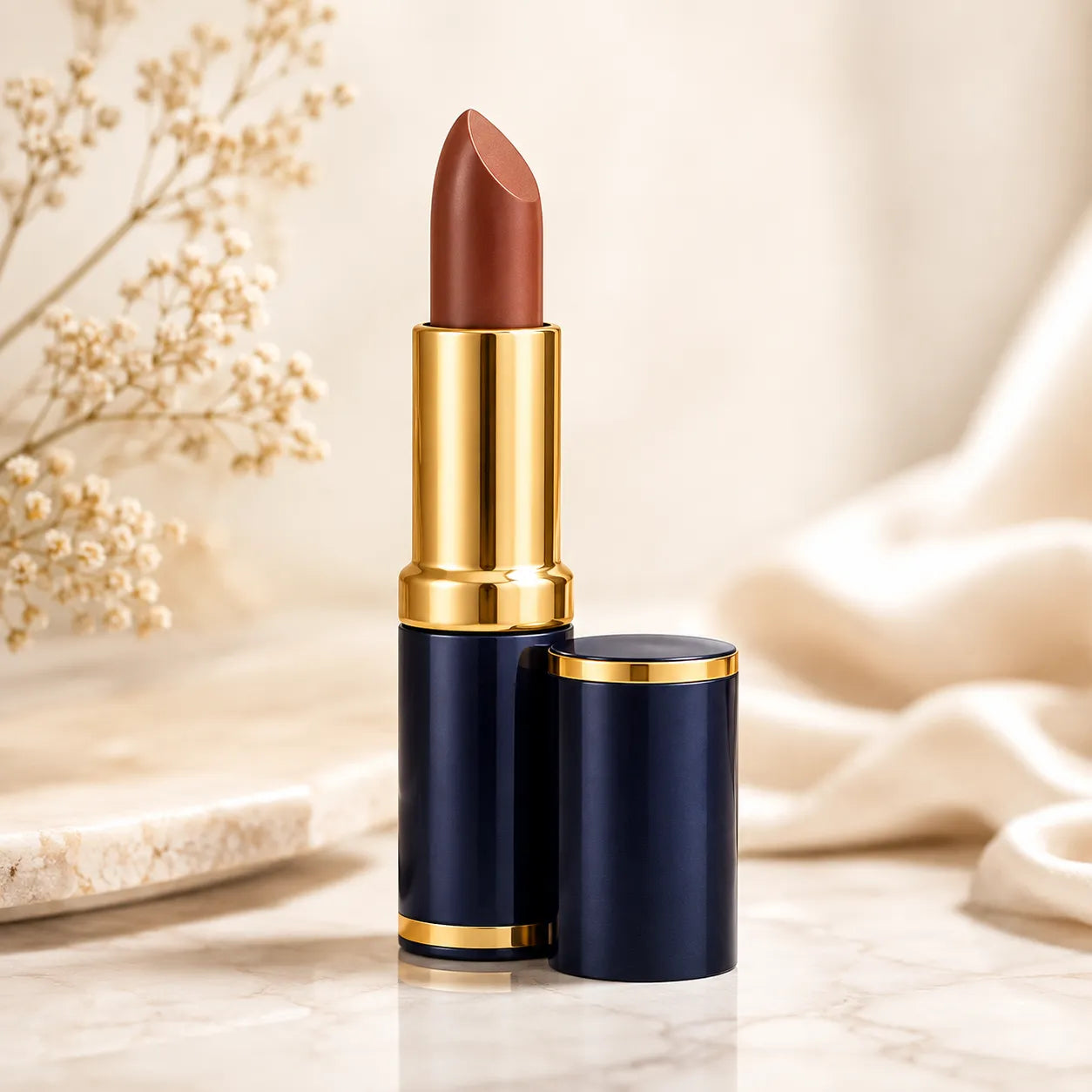 Matte lipstick in dark blue tube with gold cap, brown bullet visible