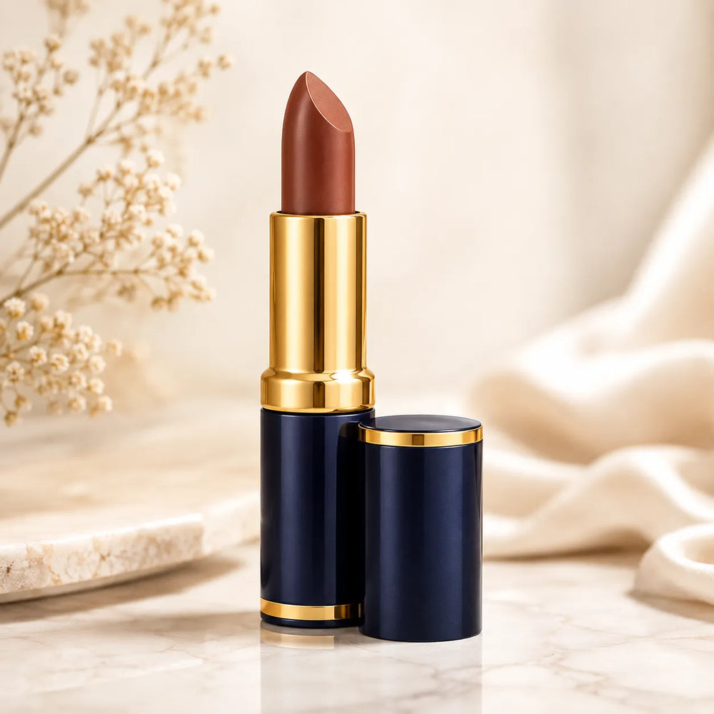 Matte lipstick in dark blue tube with gold cap, brown bullet visible