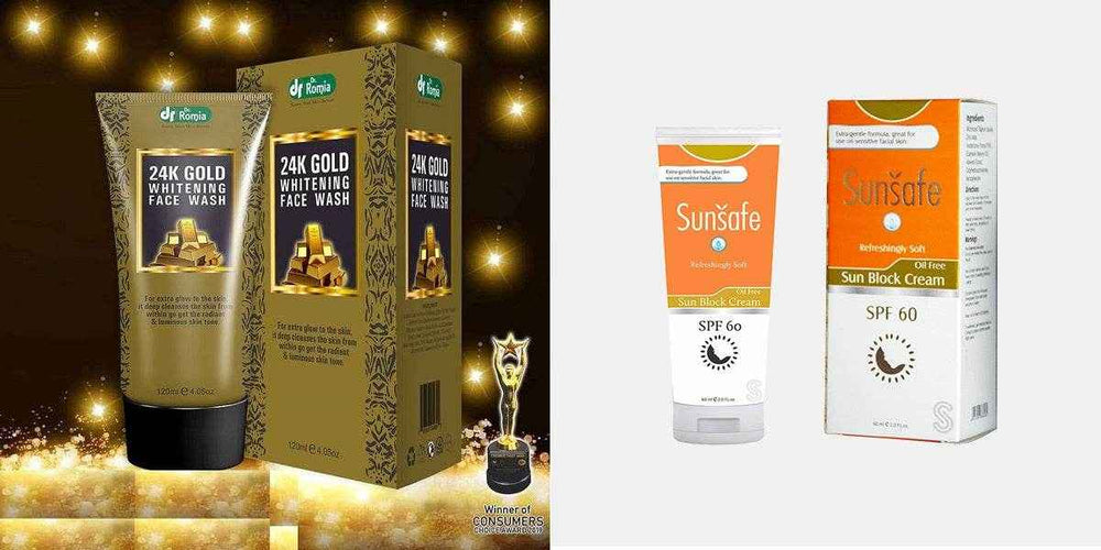 Skincare set: 24K Gold face wash boxes with tubes and Sunsafe SPF 60 sun block boxes