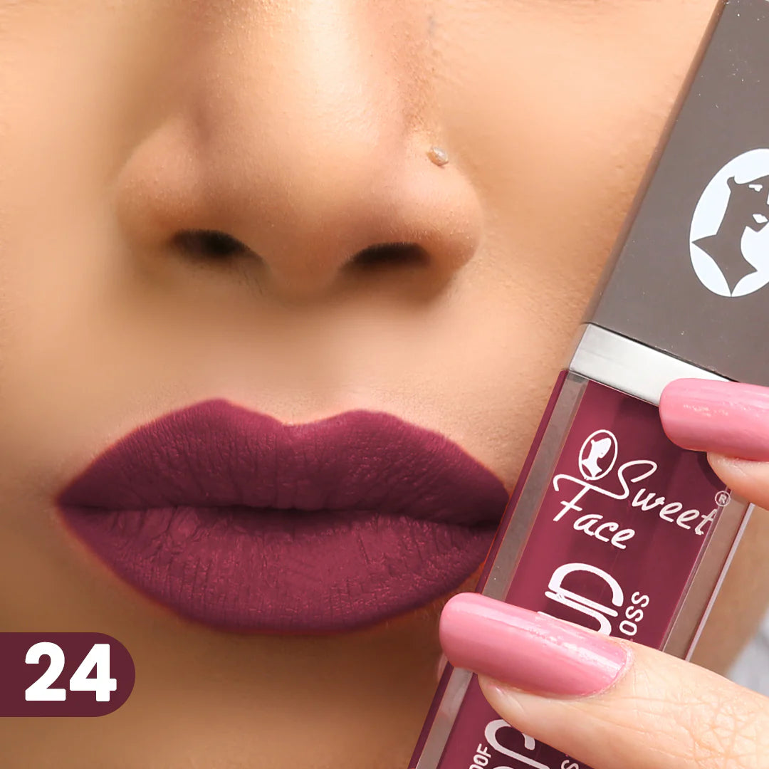 Face lip gloss shade 24, deep berry matte-wet lips with wand applicator