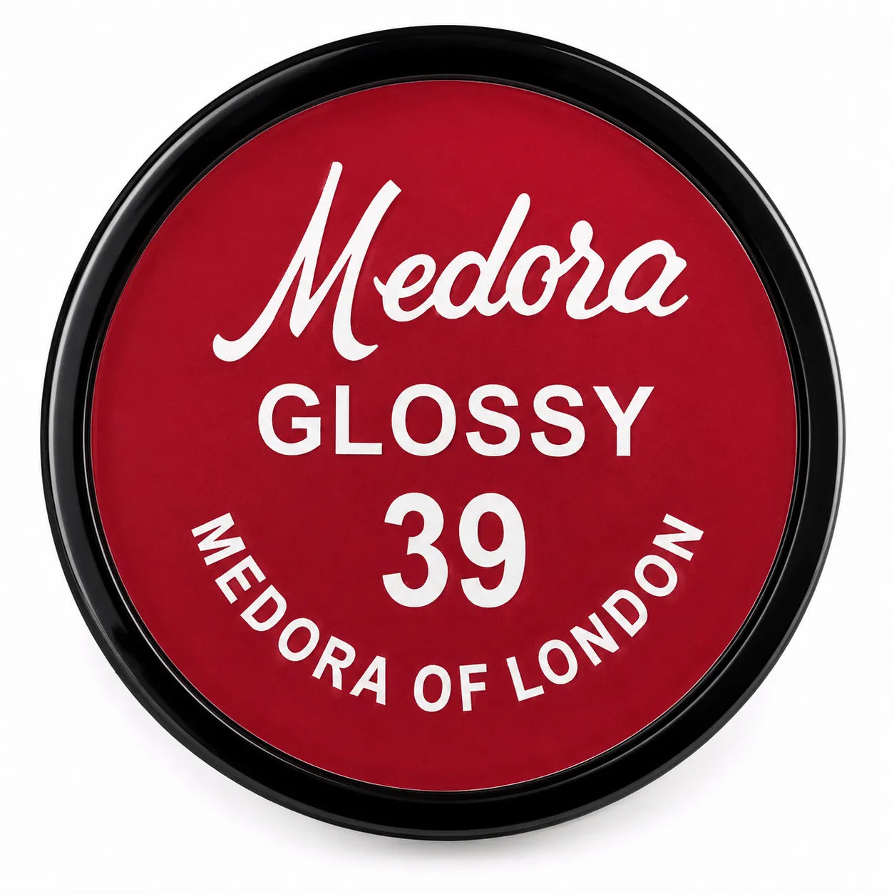 Medora Glossy 39 lipstick lid with black rim on red label
