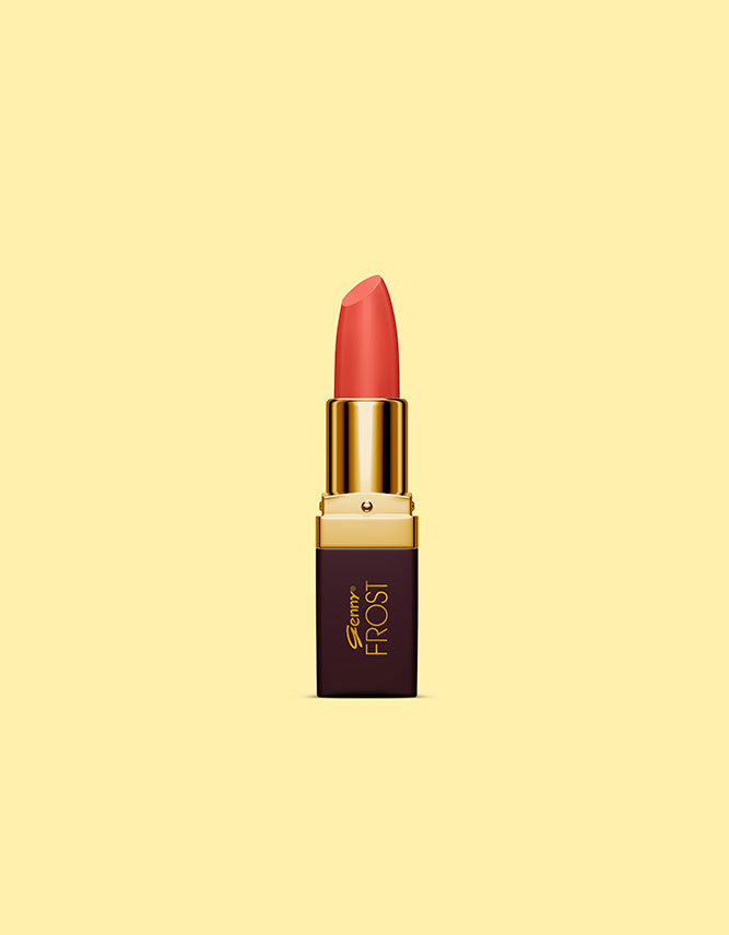 Lipstick bullet with coral-red tip and gold cap, dark maroon base