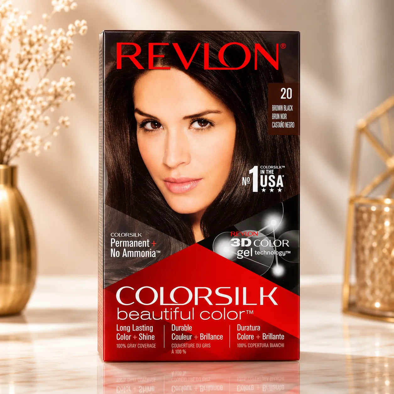 Hair color box with Revlon logo, shade 20, shows 3D Color gel panel