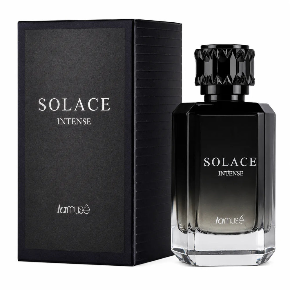Black perfume bottle with faceted cap and matching box, Solace Intense, 100 ml.