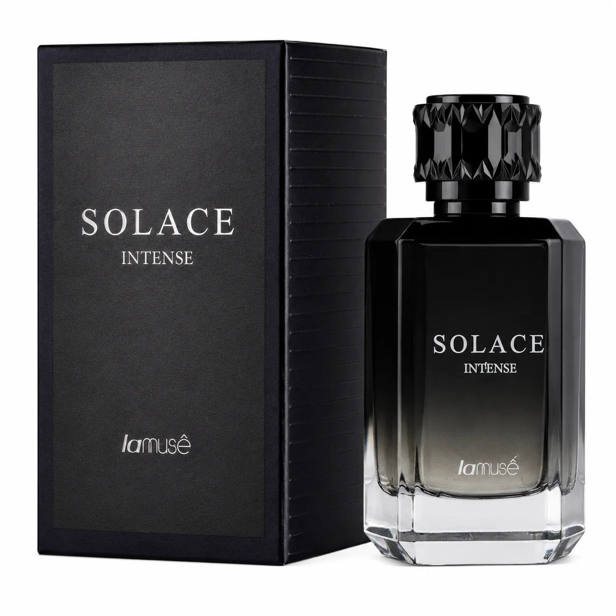 Black perfume bottle with faceted cap and matching box, Solace Intense, 100 ml.