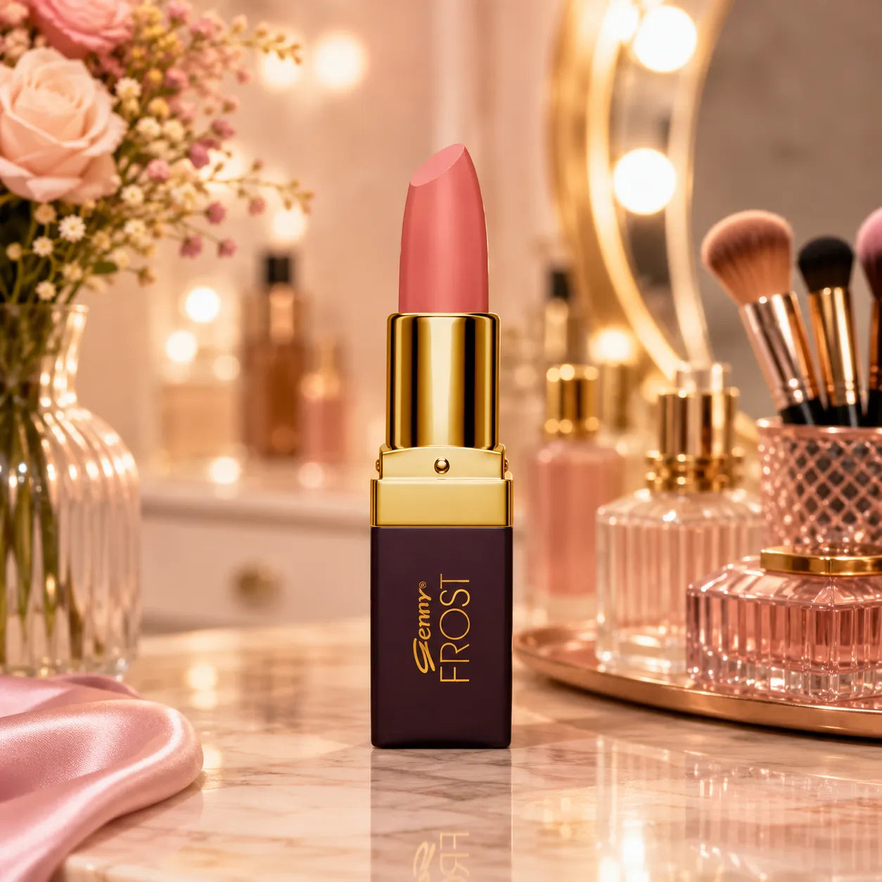 Genny Frost lipstick in red satin, gold cap and burgundy tube