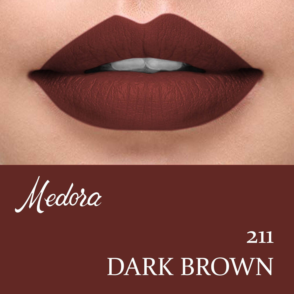 Dark brown lipstick on lips, matte-looking lip color