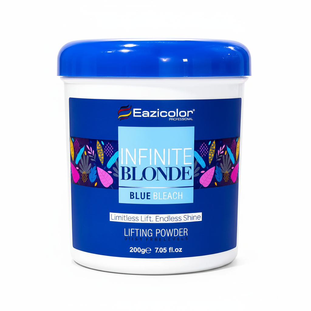 Eazicolor Infinite Blonde blue bleach lifting powder jar, blue lid, front label, 200g