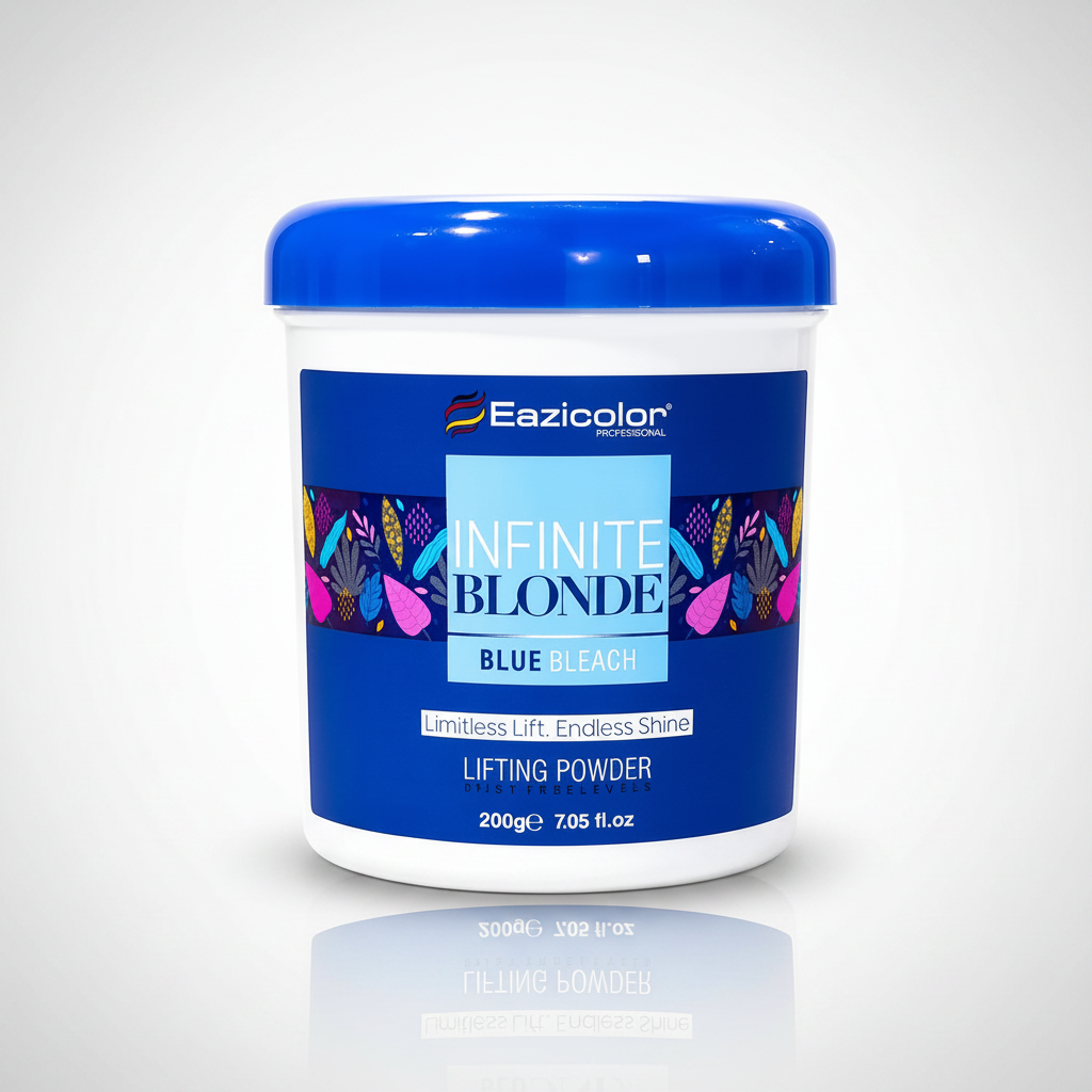 Eazicolor Infinite Blonde blue bleach lifting powder jar with blue lid, 200g, front view