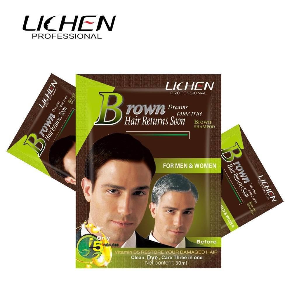 Brown hair shampoo sachets with Lichen Professional packs, featuring before/after faces