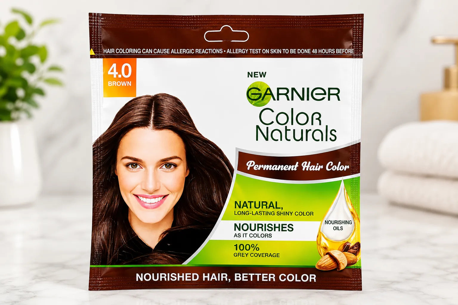 Brown 4.0 permanent hair color box, Garnier Color Naturals, 100% gray coverage