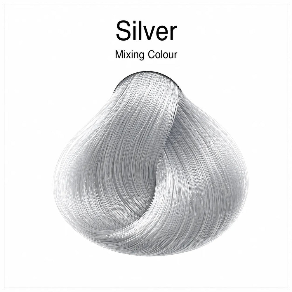 Hair color shade swatch Silver mixing colour, bright silver curled hair sample.