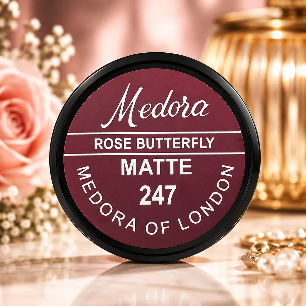 Medora matte lipstick shade 247 Rose Butterfly lid with bold branding