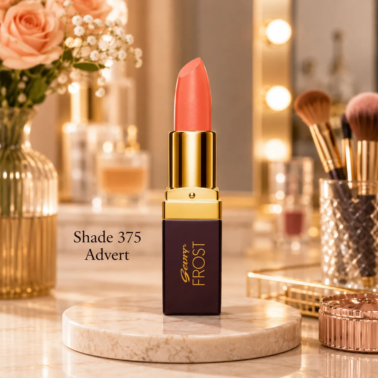 Coral-orange lipstick with gold cap, maroon base, Shade 375 Advert