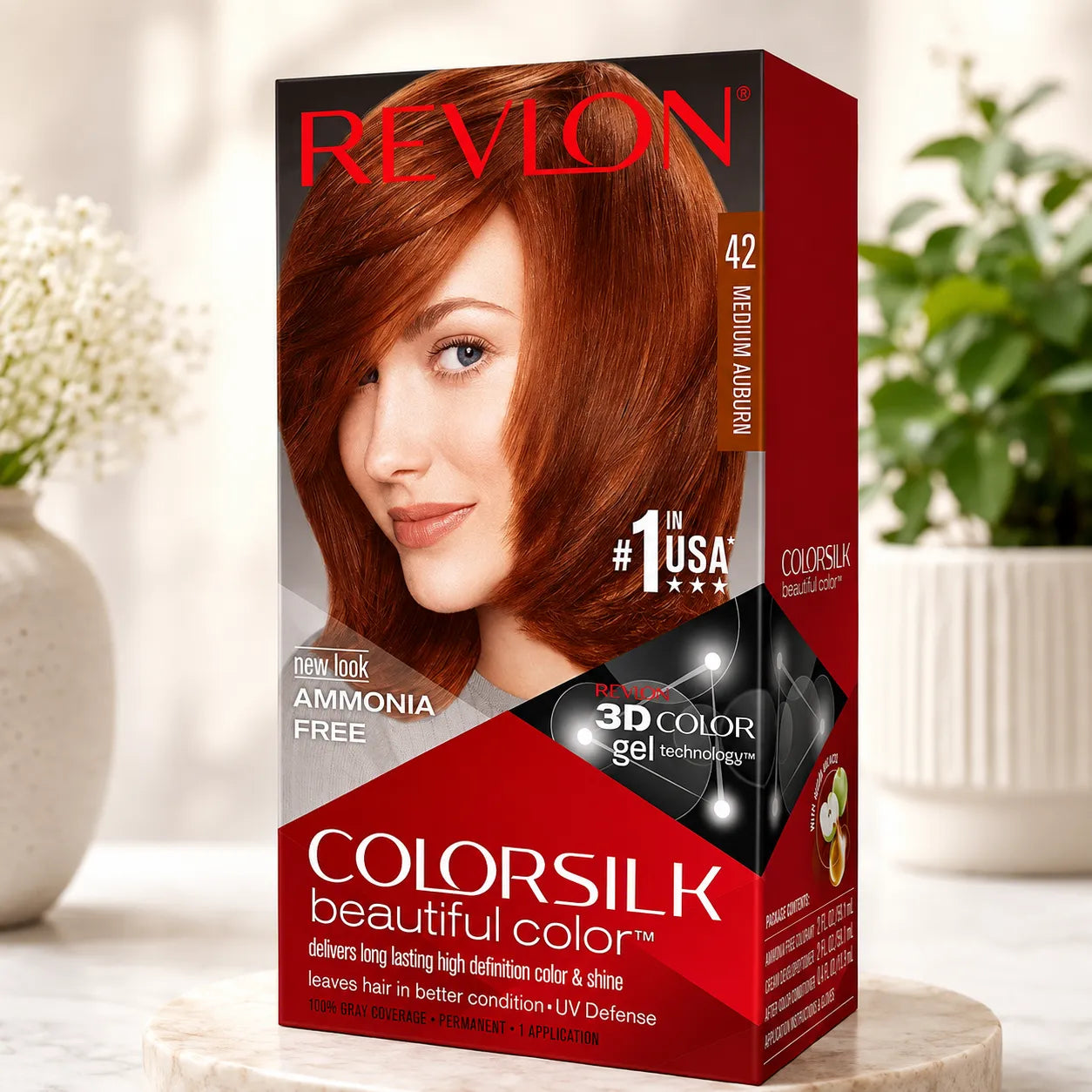 Revlon ColorSilk 42 medium auburn hair color box, 59 ml
