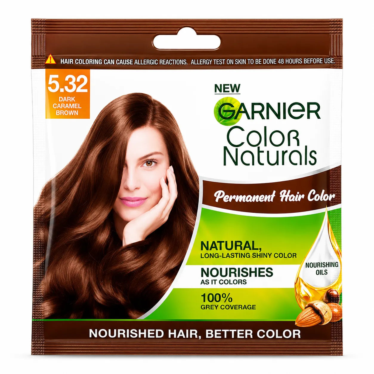Hair color sachet box, shade 5.32 dark caramel brown, Garnier Color Naturals