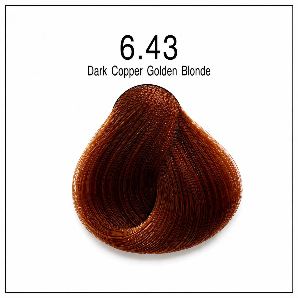 Hair color shade swatch 6.43 dark copper golden blonde, curled hair texture sample.