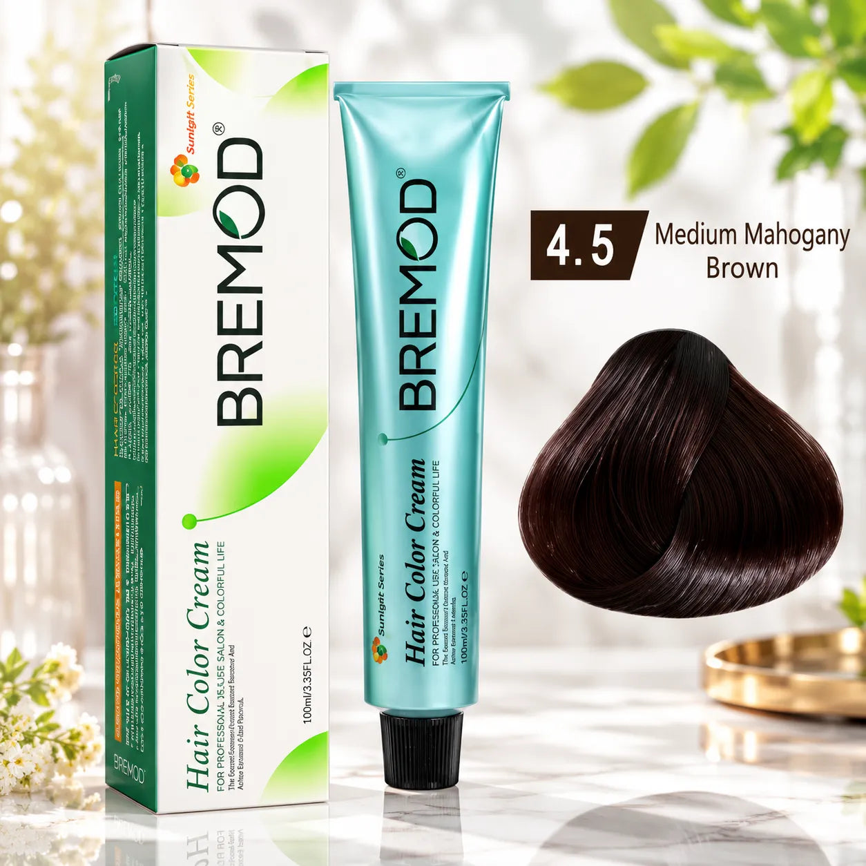 Bremod hair color set with tube and box plus mahogany brown 4.5 hair swatch