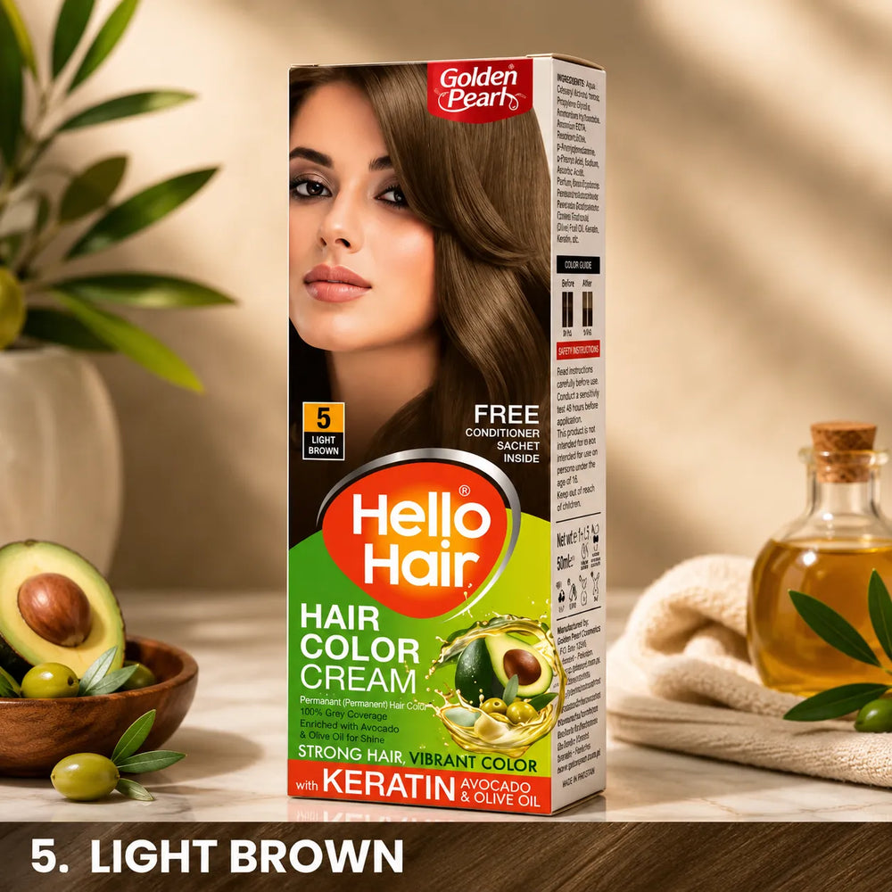 Hello Hair hair color cream box, shade 5 Light Brown, 100g, includes free conditioner