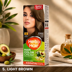 Hello Hair hair color cream box, shade 5 Light Brown, 100g, includes free conditioner
