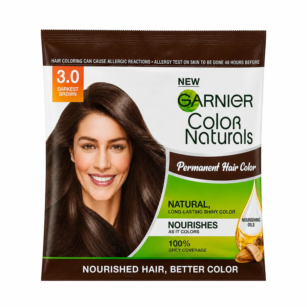 Garnier Color Naturals permanent hair color sachet, 3.0 Darkest Brown.