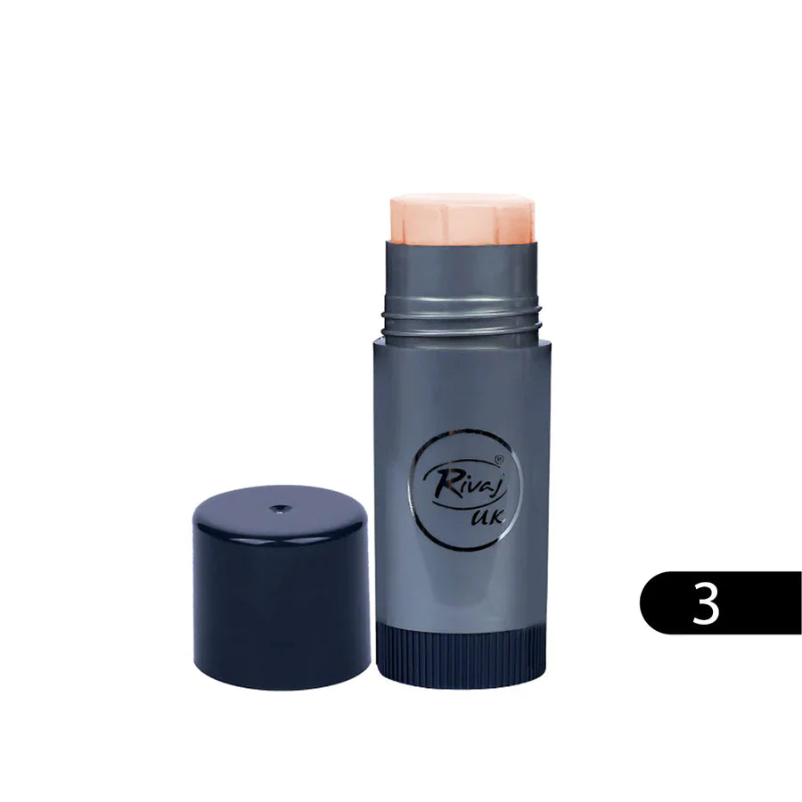 Mineral foundation paint stick, dark cap with peach base, shade 3 shown on label.