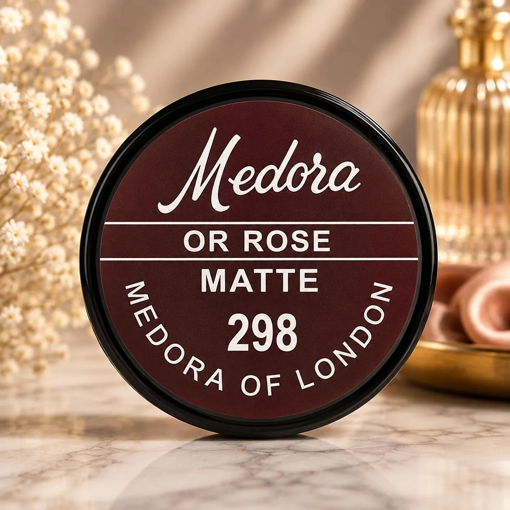 Medora 298 matte lip color compact, round black case with burgundy label