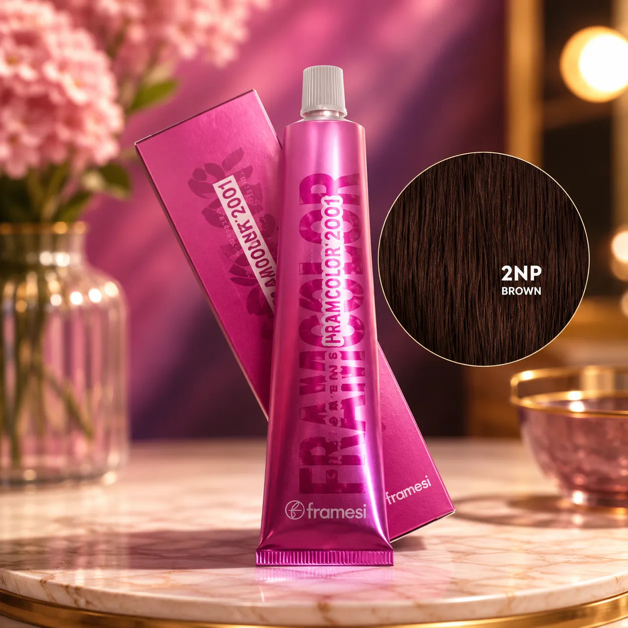 Framesi 2NP brown hair color tube and bottle, 60 ml