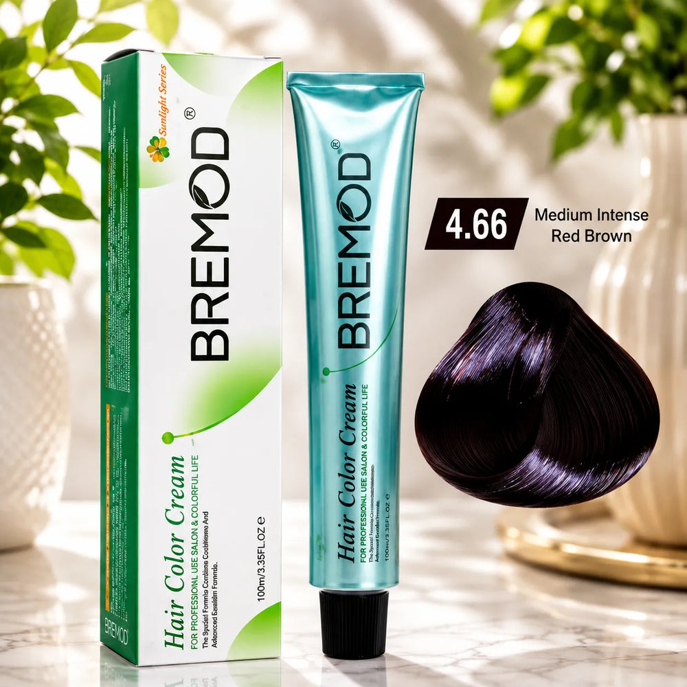 Hair color cream tube and box labeled 4.66 medium intense red brown with shade swatch