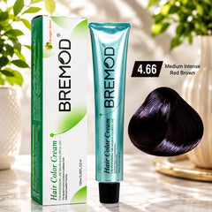 Hair color cream tube and box labeled 4.66 medium intense red brown with shade swatch