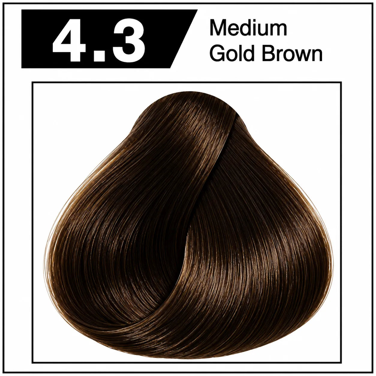 Hair color shade 4.3, medium gold brown, glossy dark brown with golden highlights