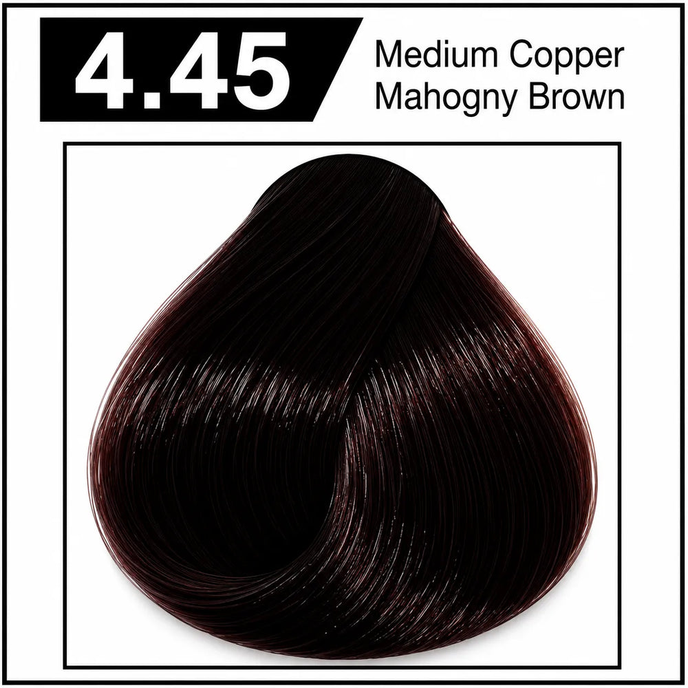 Bremod hair color 4.45 Medium Copper Mahogany Brown shade chart with dark copper swatch