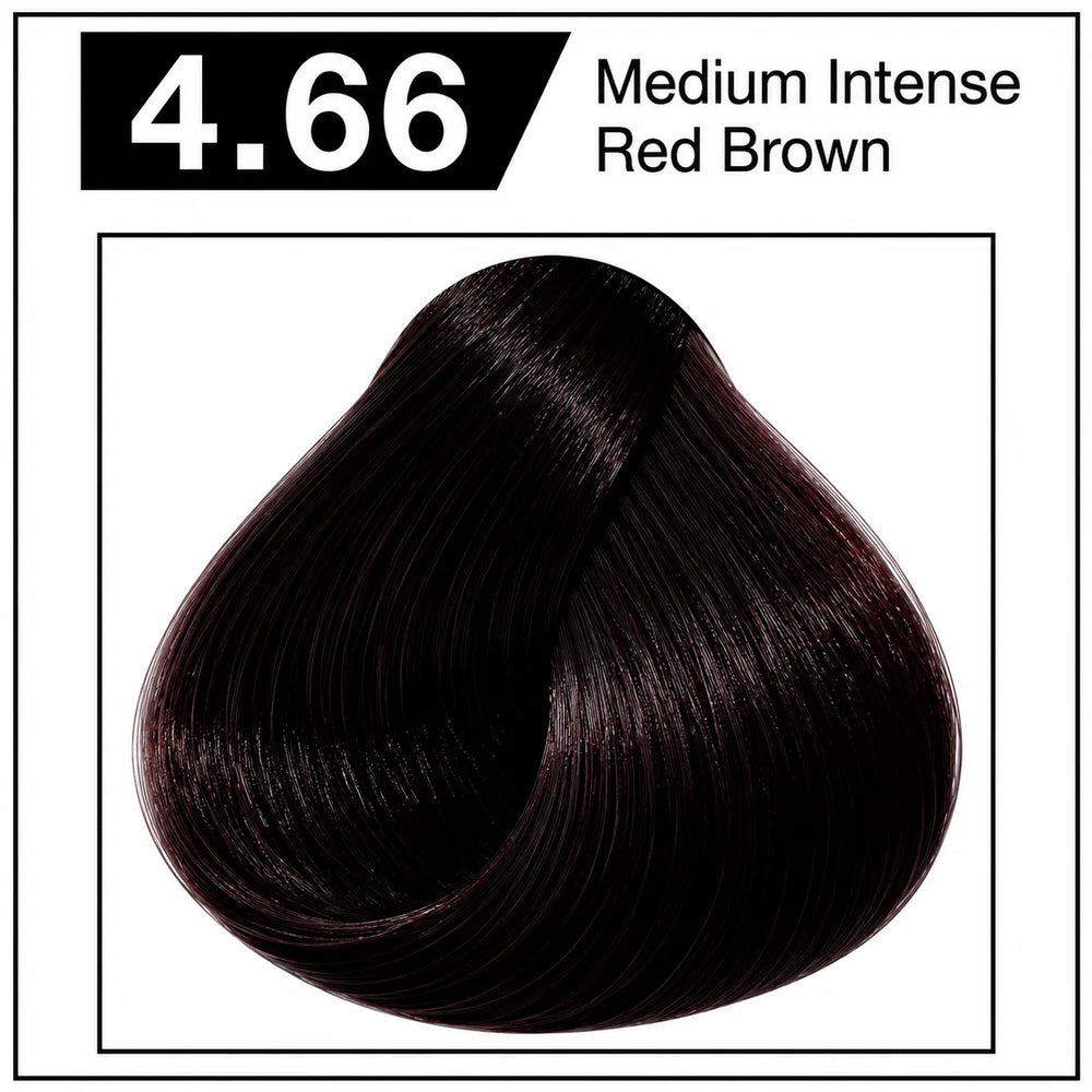 Hair color shade 4.66, medium intense red-brown, glossy dark red-brown hair tone