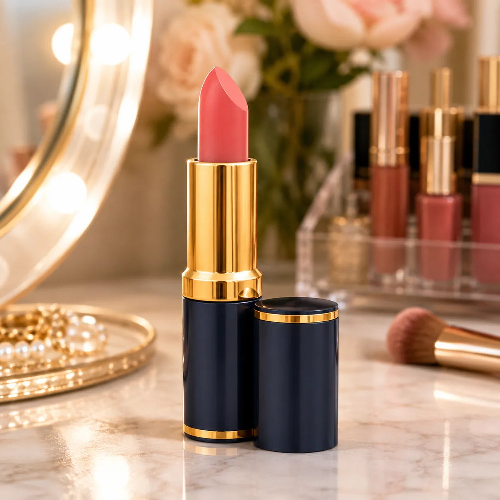 Coral pink lipstick tube with navy cap and gold accents, standing on vanity