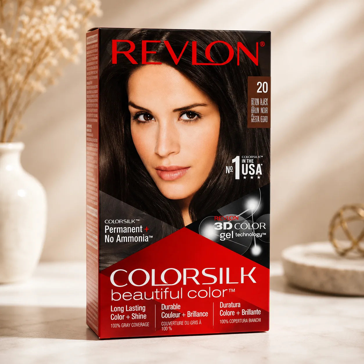 Hair color box with Revlon logo, shade 20, featuring model portrait