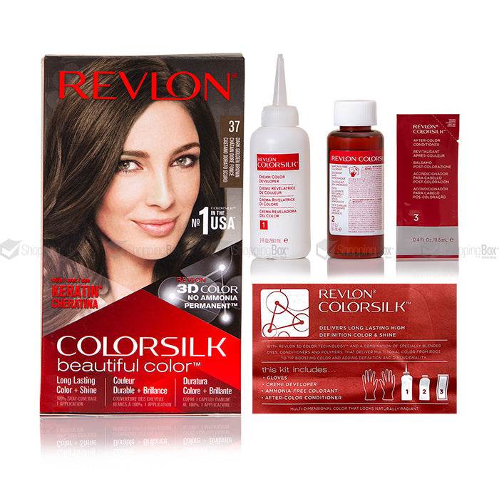 Revlon ColorSilk hair color kit, shade 37, includes bottles and gloves