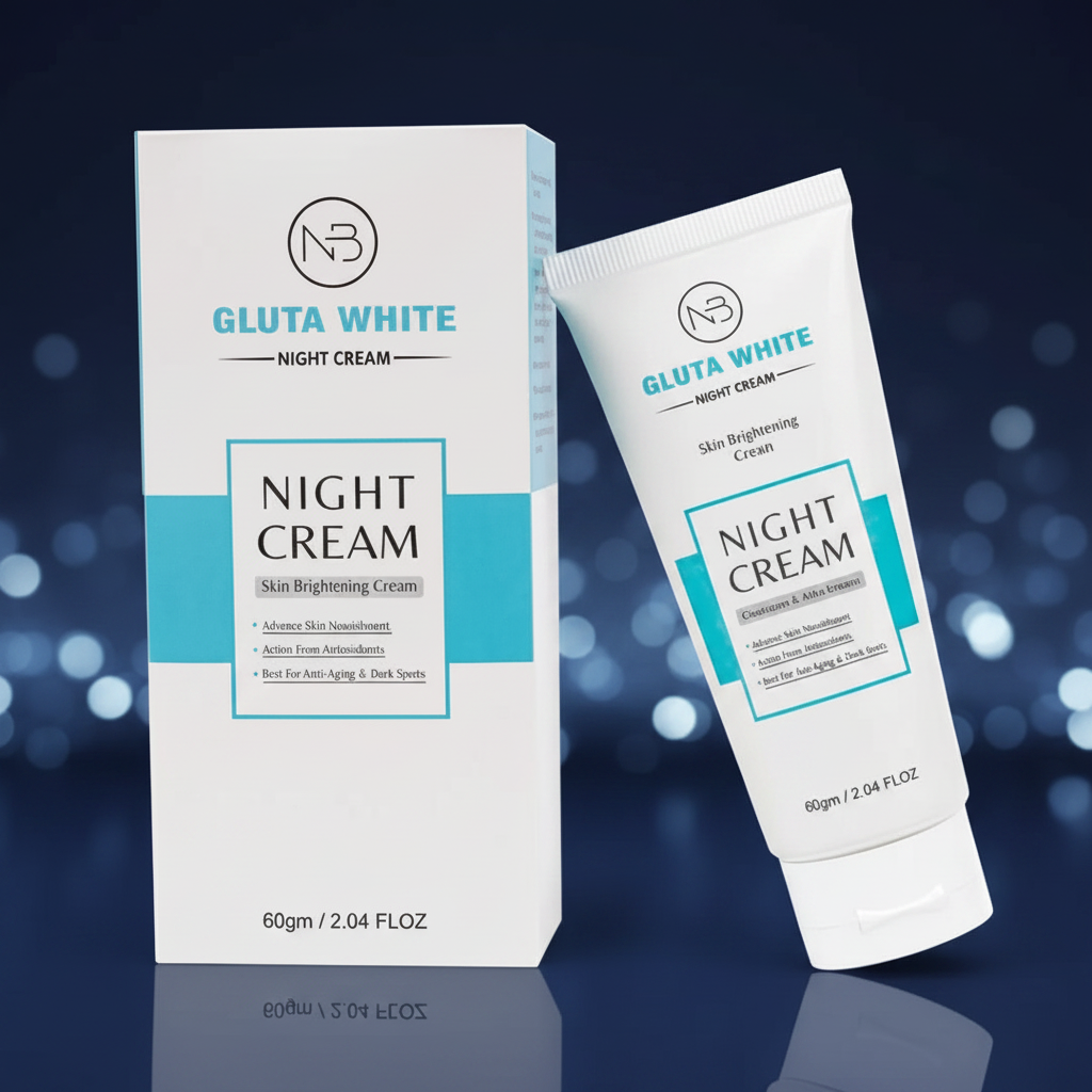 Gluta White night cream box and tube, white packaging with teal “Night Cream” label.